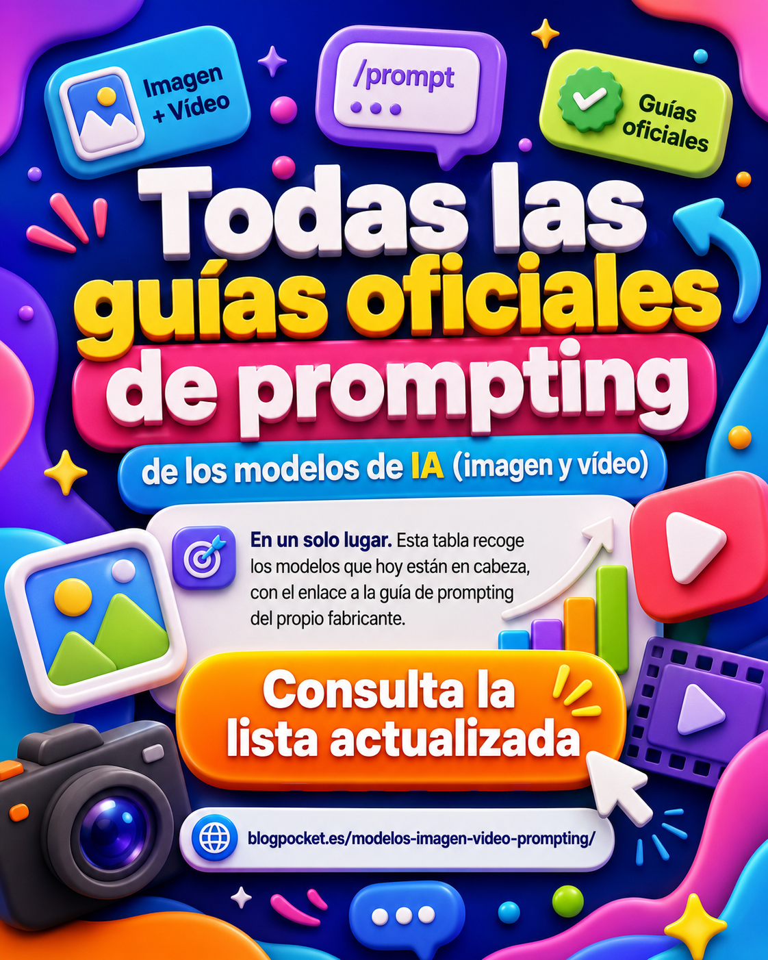 Cartel colorido en estilo 3D con el texto "Todas las guías oficiales de prompting de los modelos de IA (imagen y vídeo)", rodeado de iconos de cámara, tira de película, botones de play y burbujas de chat